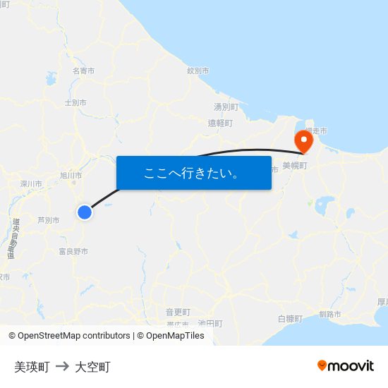 美瑛町 to 大空町 map