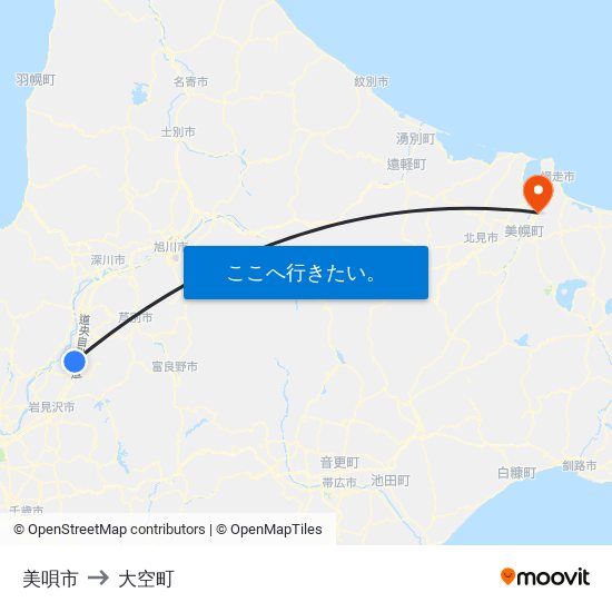 美唄市 to 大空町 map