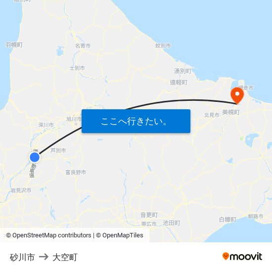 砂川市 to 大空町 map