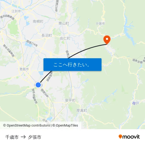 千歳市 to 夕張市 map