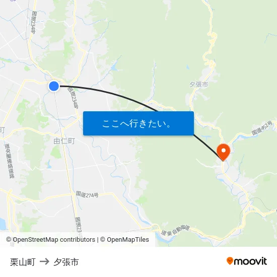 栗山町 to 夕張市 map