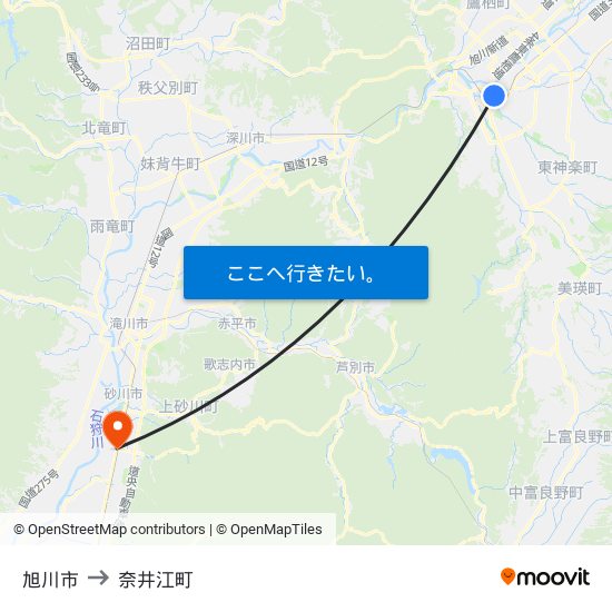 旭川市 to 奈井江町 map