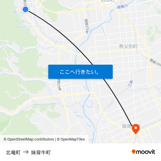 北竜町 to 妹背牛町 map