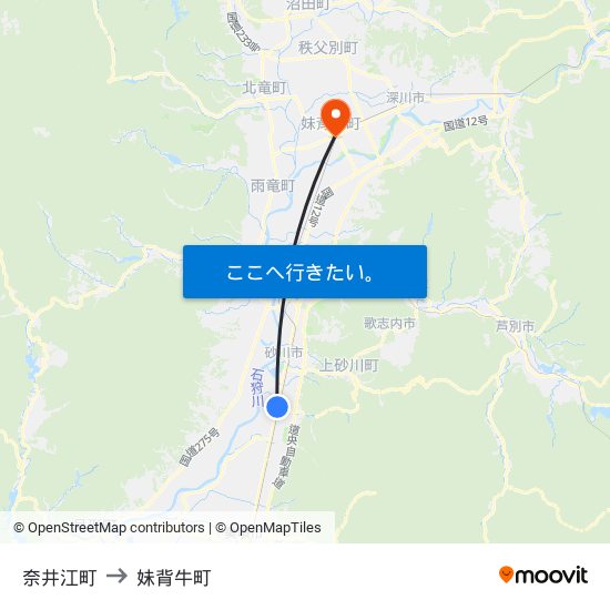 奈井江町 to 妹背牛町 map