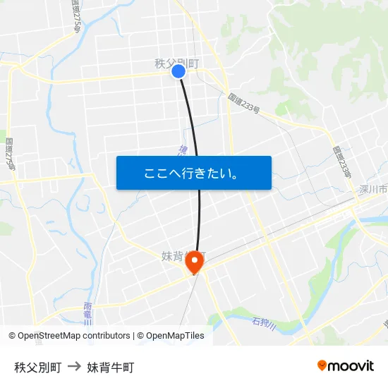 秩父別町 to 妹背牛町 map