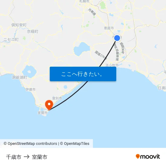 千歳市 to 室蘭市 map