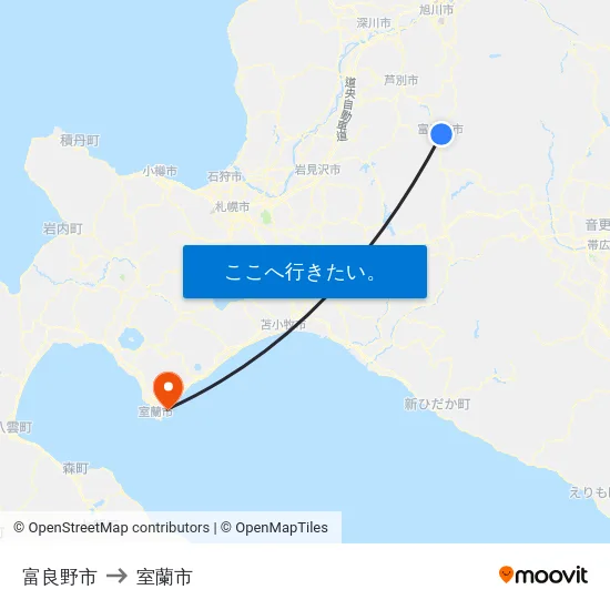 富良野市 to 室蘭市 map