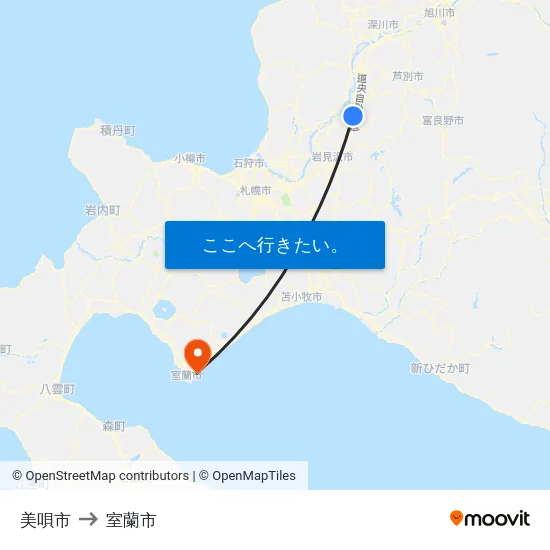 美唄市 to 室蘭市 map