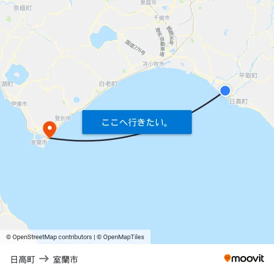 日高町 to 室蘭市 map