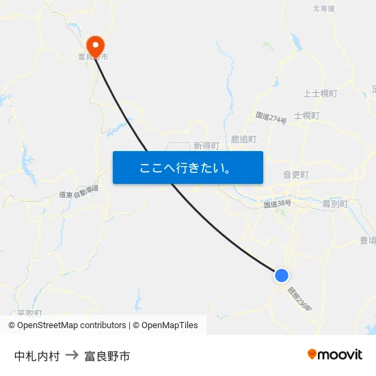 中札内村 to 富良野市 map