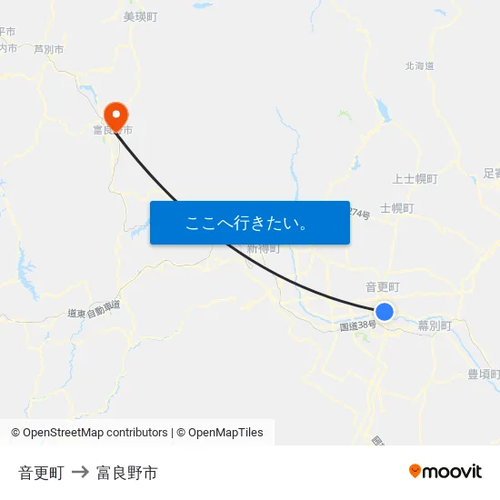 音更町 to 富良野市 map