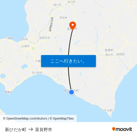 新ひだか町 to 富良野市 map