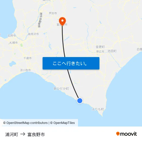 浦河町 to 富良野市 map