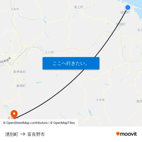 湧別町 to 富良野市 map