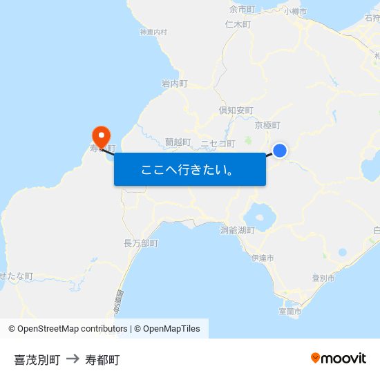 喜茂別町 to 寿都町 map