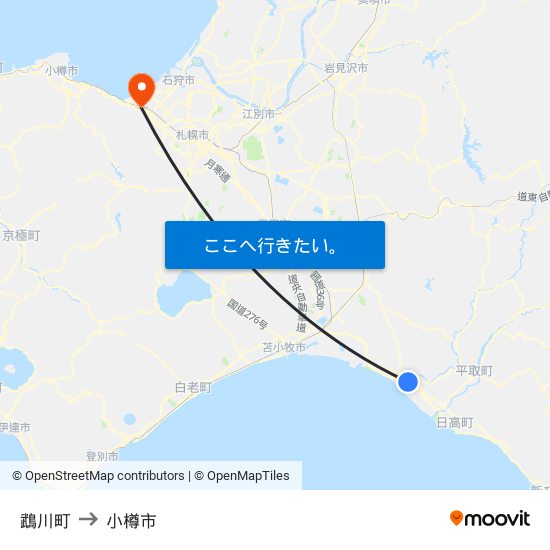 鵡川町 to 小樽市 map