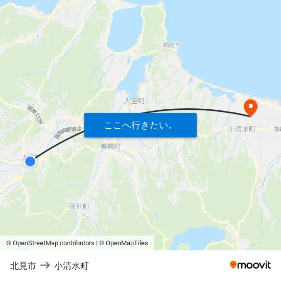 北見市 to 小清水町 map