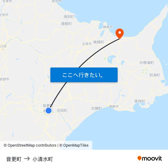 音更町 to 小清水町 map