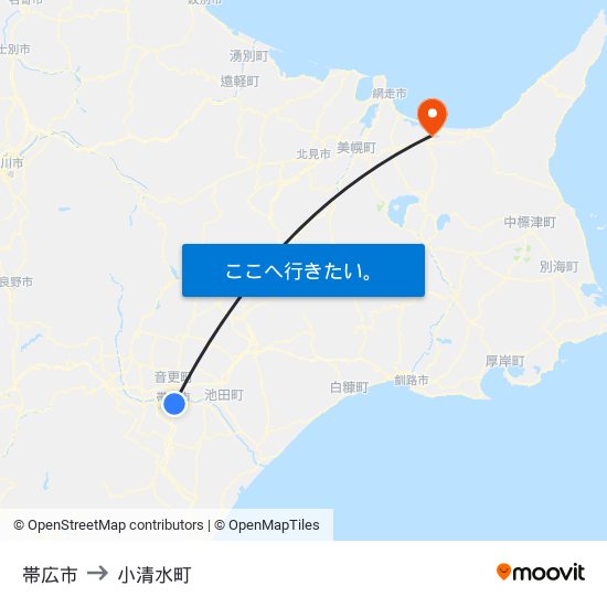 帯広市 to 小清水町 map