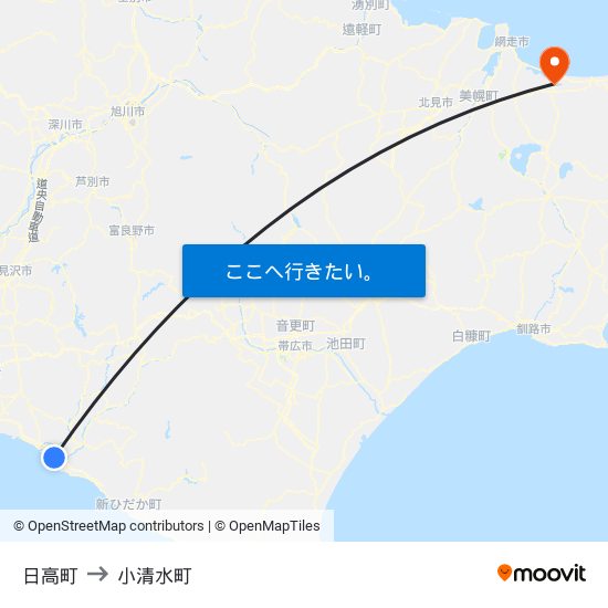 日高町 to 小清水町 map