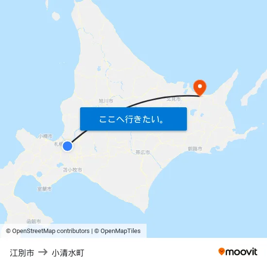 江別市 to 小清水町 map