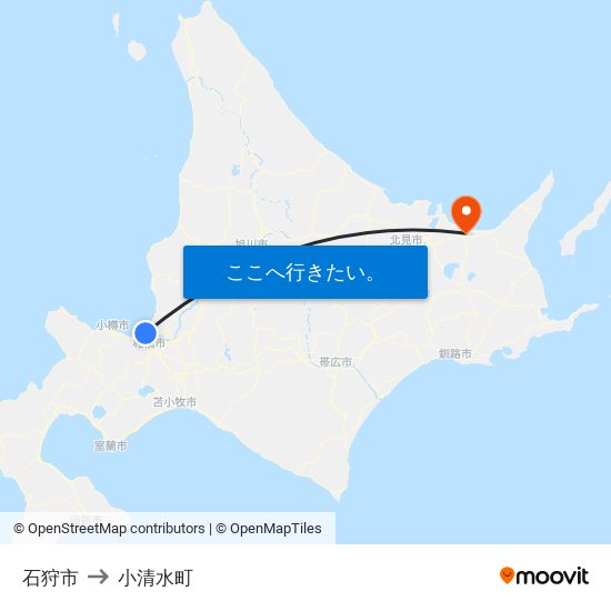 石狩市 to 小清水町 map