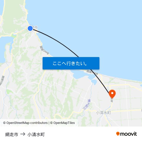 網走市 to 小清水町 map