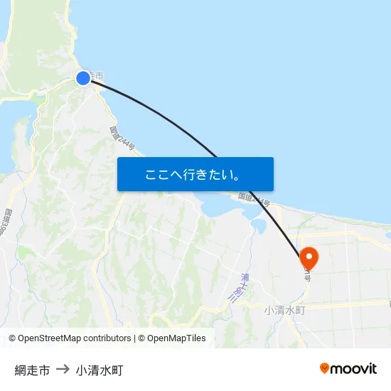 網走市 to 小清水町 map