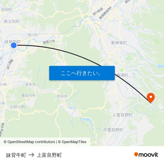 妹背牛町 to 上富良野町 map