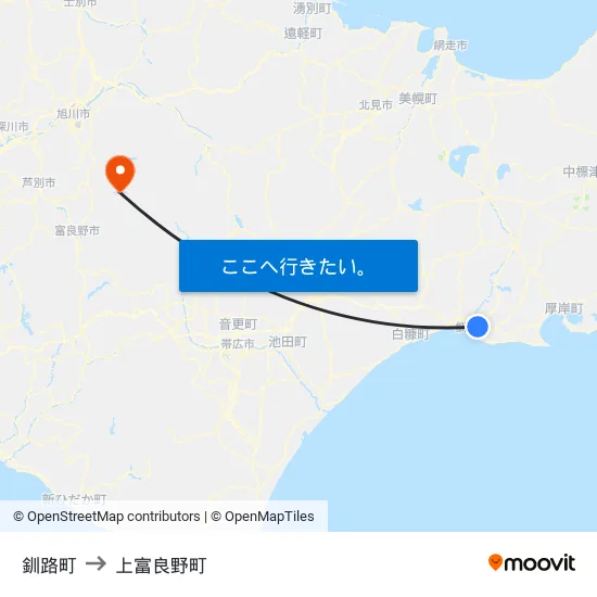 釧路町 to 上富良野町 map