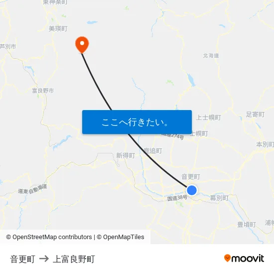 音更町 to 上富良野町 map