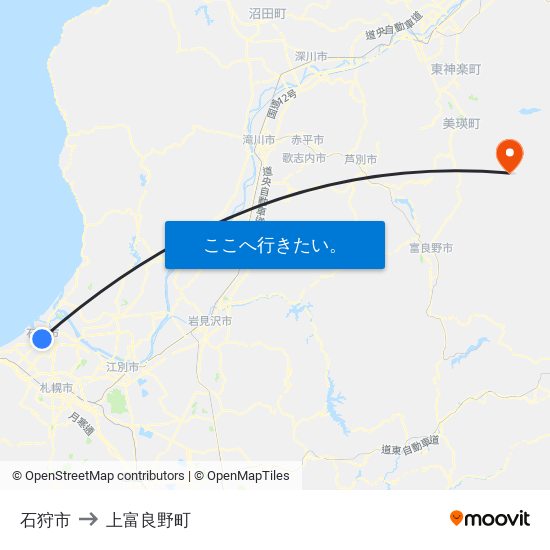 石狩市 to 上富良野町 map