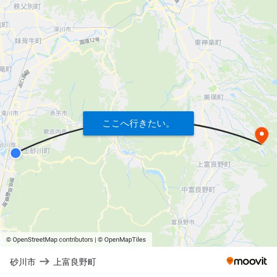 砂川市 to 上富良野町 map