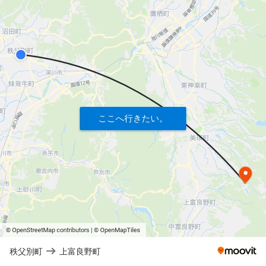 秩父別町 to 上富良野町 map