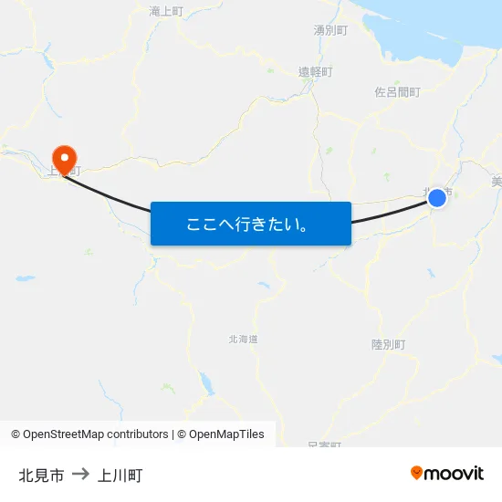 北見市 to 上川町 map