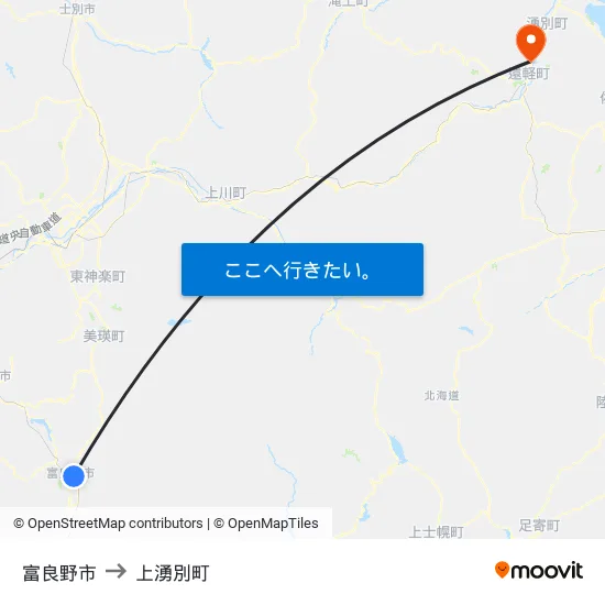 富良野市 to 上湧別町 map