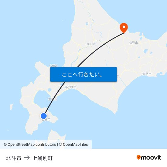 北斗市 to 上湧別町 map