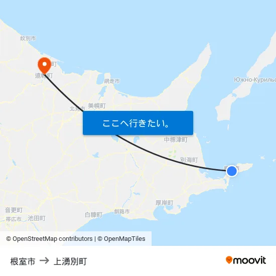 根室市 to 上湧別町 map