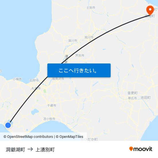 洞爺湖町 to 上湧別町 map