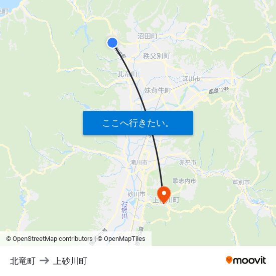 北竜町 to 上砂川町 map