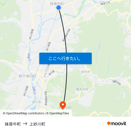 妹背牛町 to 上砂川町 map