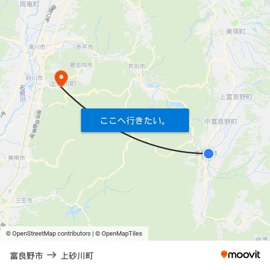 富良野市 to 上砂川町 map