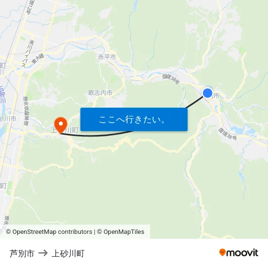 芦別市 to 上砂川町 map