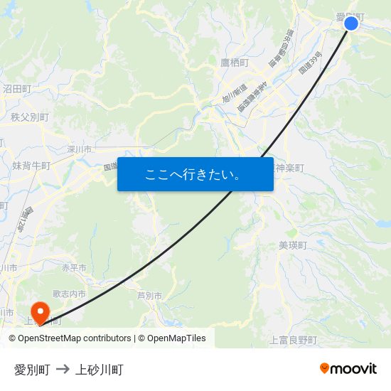 愛別町 to 上砂川町 map