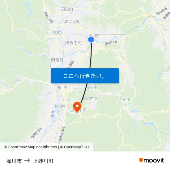 深川市 to 上砂川町 map