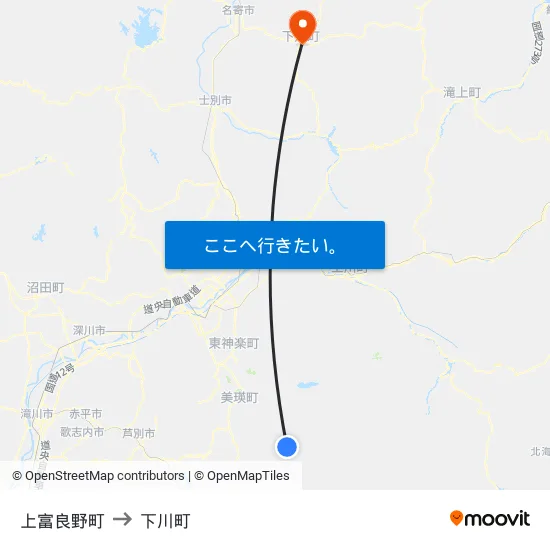 上富良野町 to 下川町 map