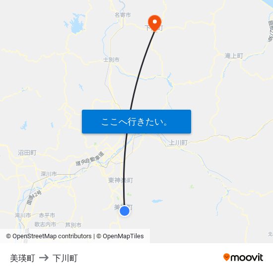 美瑛町 to 下川町 map