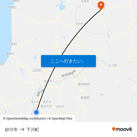 砂川市 to 下川町 map