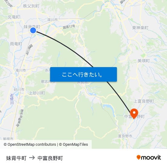 妹背牛町 to 中富良野町 map