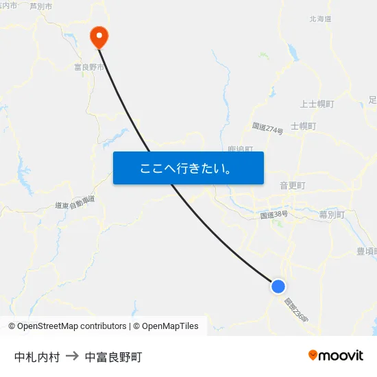 中札内村 to 中富良野町 map